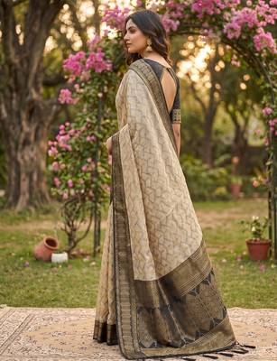beige cotton blend saree with blouse 2
