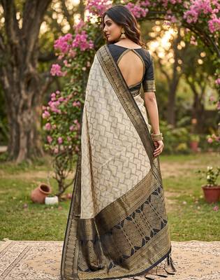 beige cotton blend saree with blouse 3