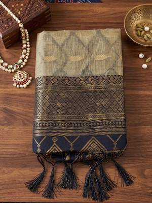 beige cotton blend saree with blouse 4
