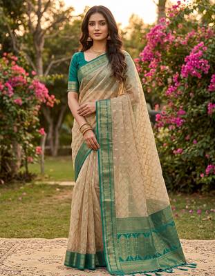 beige cotton blend saree with blouse 1