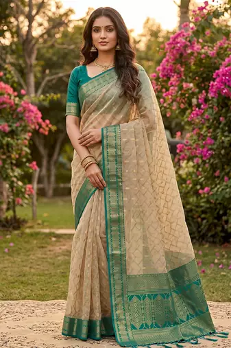 beige cotton blend saree with blouse