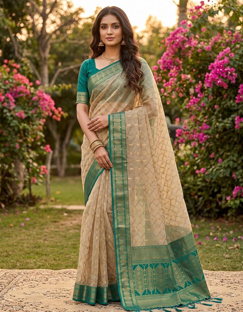 beige cotton blend saree with blouse