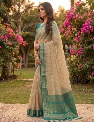 beige cotton blend saree with blouse 2