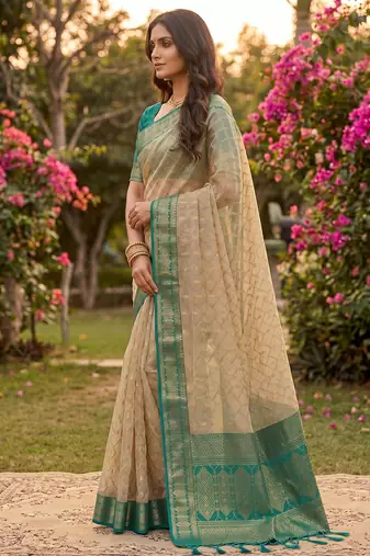 beige cotton blend saree with blouse