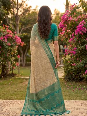 beige cotton blend saree with blouse 3
