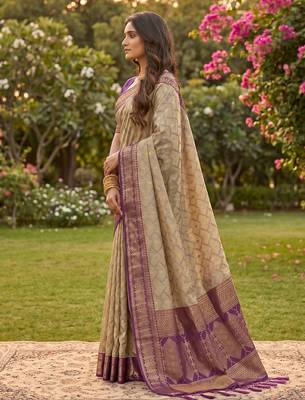 beige cotton blend saree with blouse 2