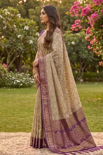 beige cotton blend saree with blouse