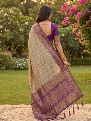 beige cotton blend saree with blouse 3