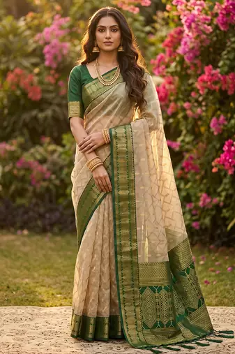 beige cotton blend saree with blouse
