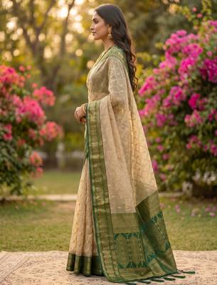 beige cotton blend saree with blouse 2