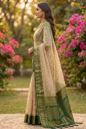 beige cotton blend saree with blouse