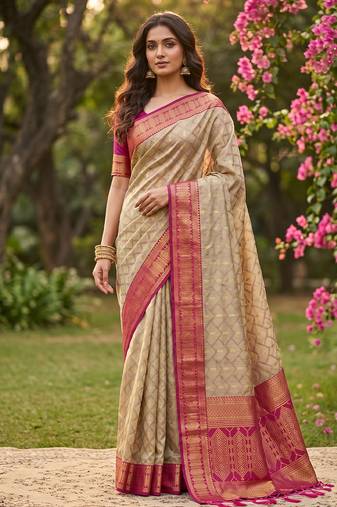 beige cotton blend saree with blouse