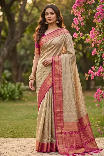 beige cotton blend saree with blouse