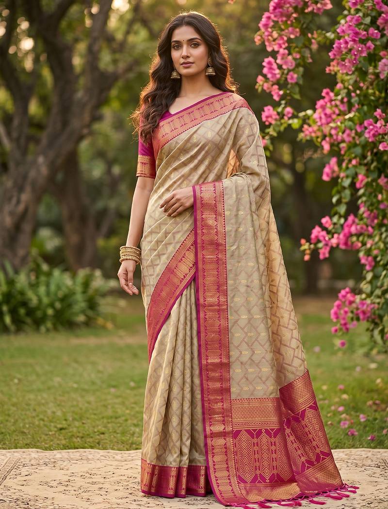 beige cotton blend saree with blouse