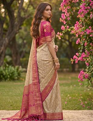 beige cotton blend saree with blouse 2