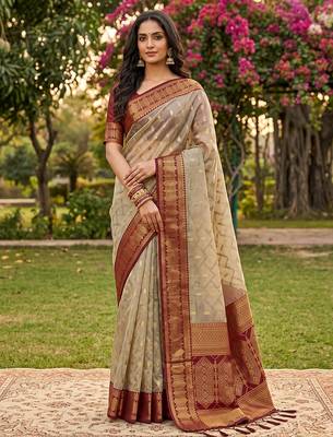 beige cotton blend saree with blouse 1