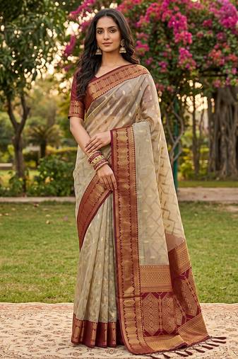 beige cotton blend saree with blouse