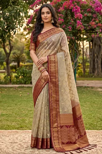 beige cotton blend saree with blouse
