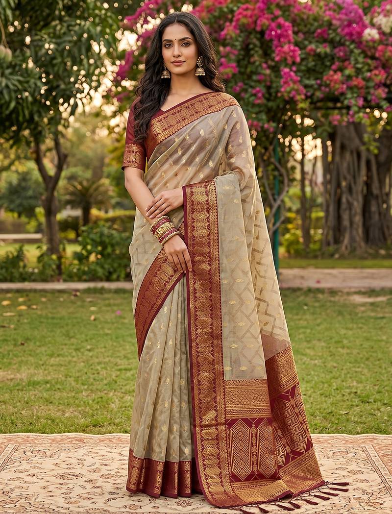 beige cotton blend saree with blouse