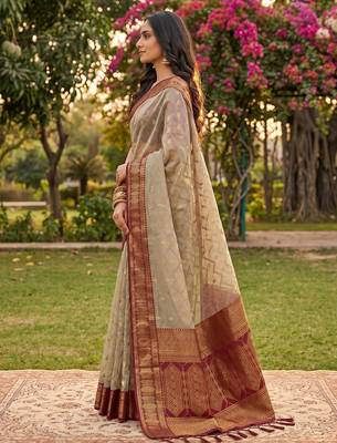 beige cotton blend saree with blouse 2
