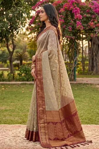 beige cotton blend saree with blouse