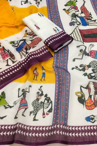 mustard cotton blend printed work