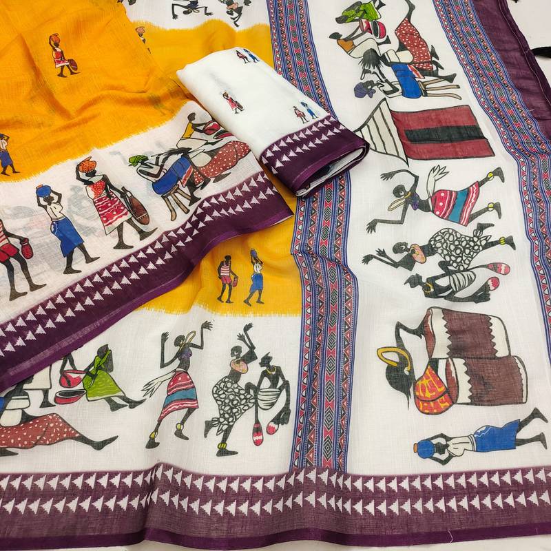 mustard cotton blend printed work