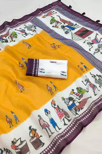 mustard cotton blend printed work