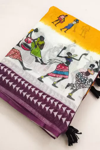 mustard cotton blend printed work
