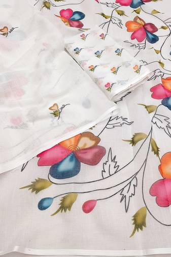 white flower printed work cotton blend saree