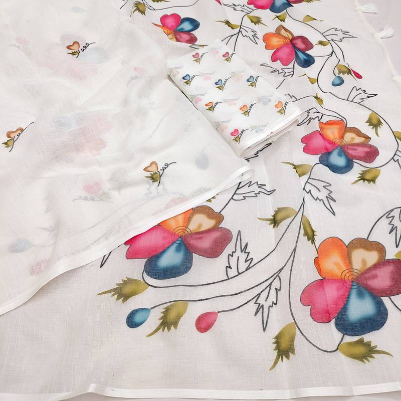 white flower printed work cotton blend saree