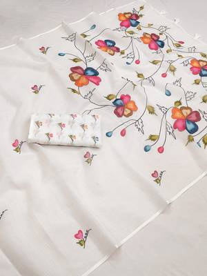 white flower printed work cotton blend saree 2