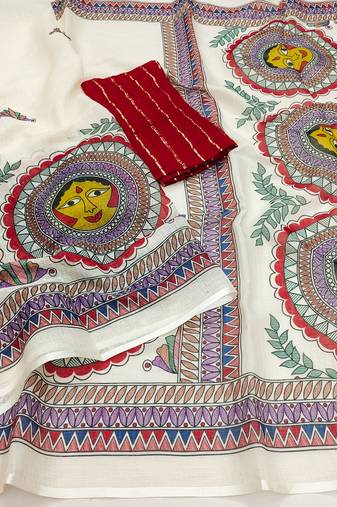 white printed work cotton blend saree