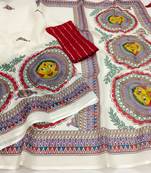 white printed work cotton blend saree
