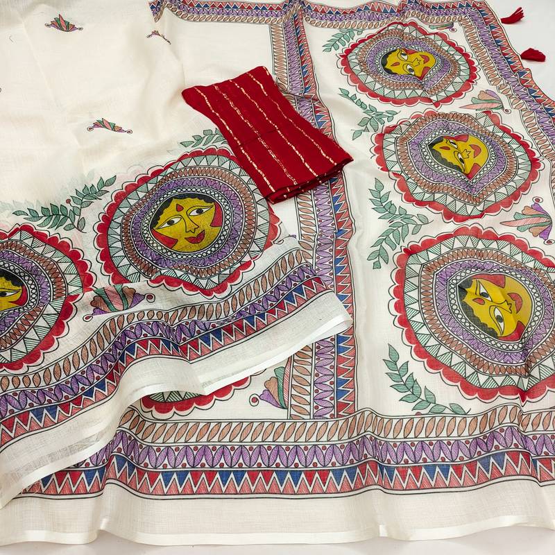 white printed work cotton blend saree