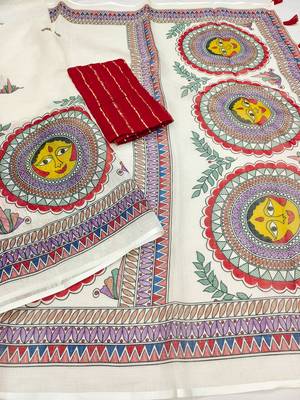 white printed work cotton blend saree 3