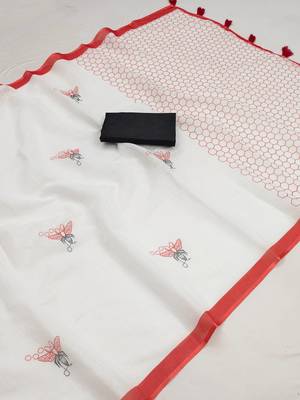 white printed work cotton blend saree 2