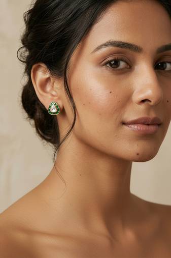 Gold plated green polki stud earrings