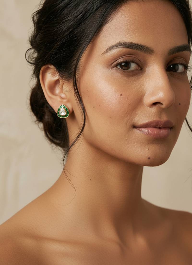 Gold plated green polki stud earrings
