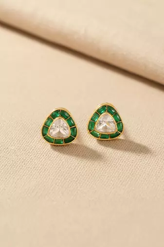 Gold plated green polki stud earrings