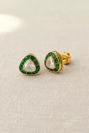 Gold plated green polki stud earrings