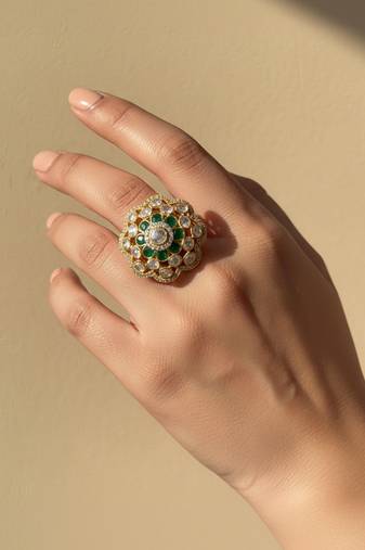 Gold plated green polki stones ring