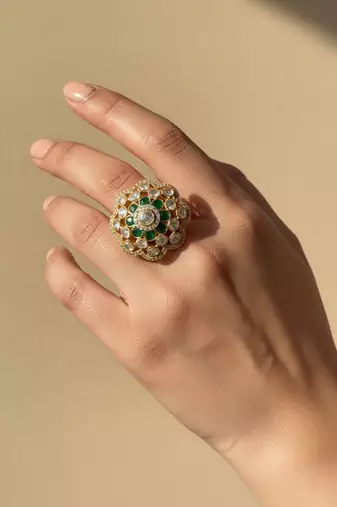 Gold plated green polki stones ring