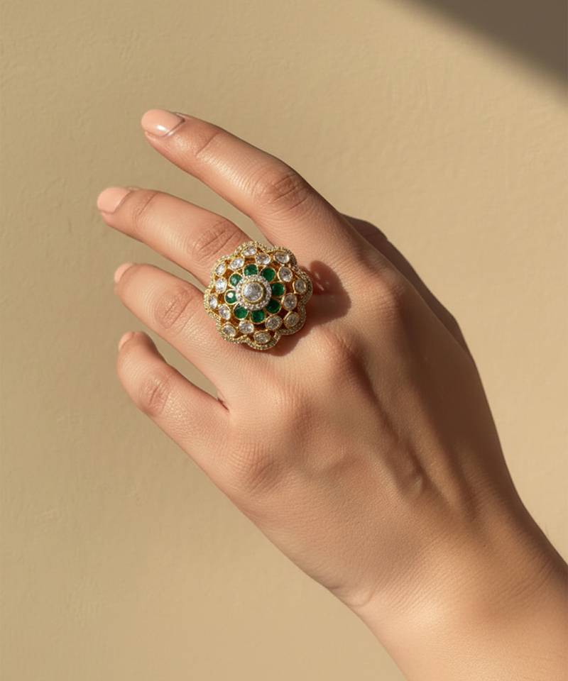 Gold plated green polki stones ring