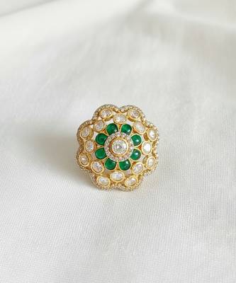 Gold plated green polki stones ring 2