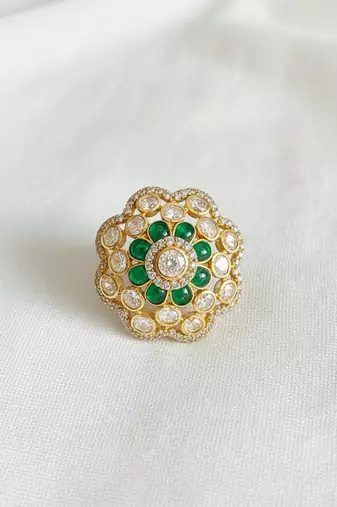 Gold plated green polki stones ring