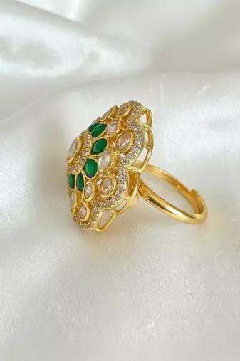 Gold plated green polki stones ring