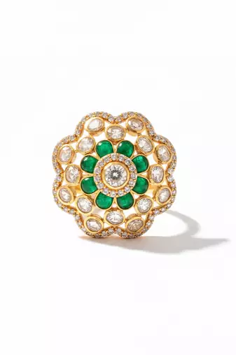Gold plated green polki stones ring