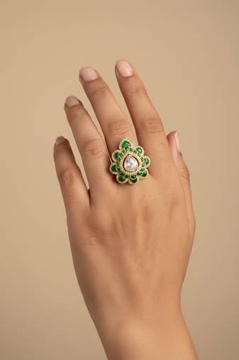 Gold plated green moissanite polki ring