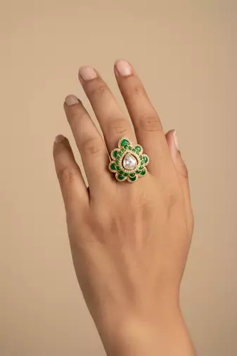 Gold plated green moissanite polki ring